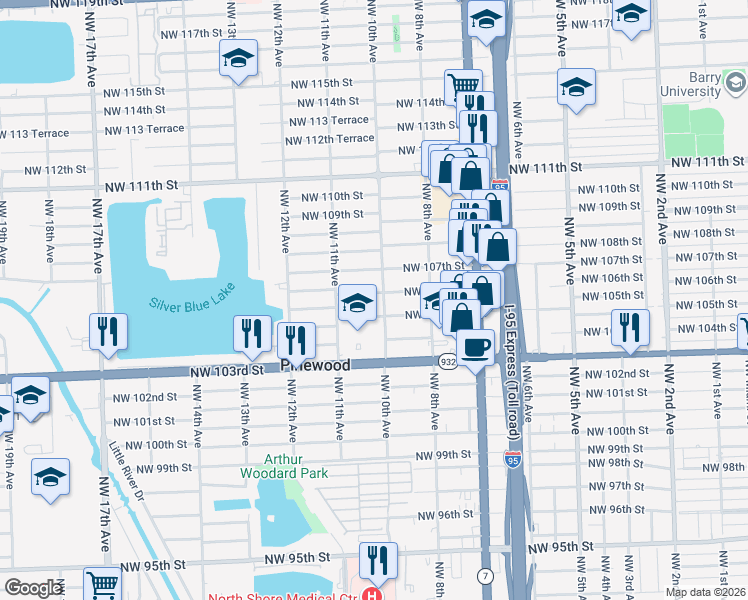 map of restaurants, bars, coffee shops, grocery stores, and more near 10625 Northwest 10th Avenue in Miami
