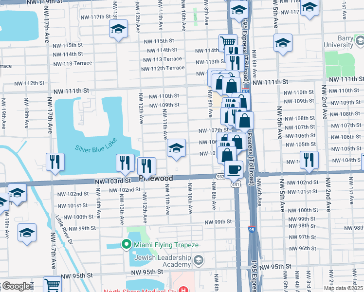 map of restaurants, bars, coffee shops, grocery stores, and more near 10625 Northwest 10th Avenue in Miami