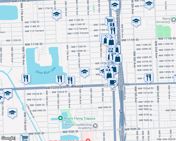 map of restaurants, bars, coffee shops, grocery stores, and more near 10615 Northwest 10th Avenue in Miami