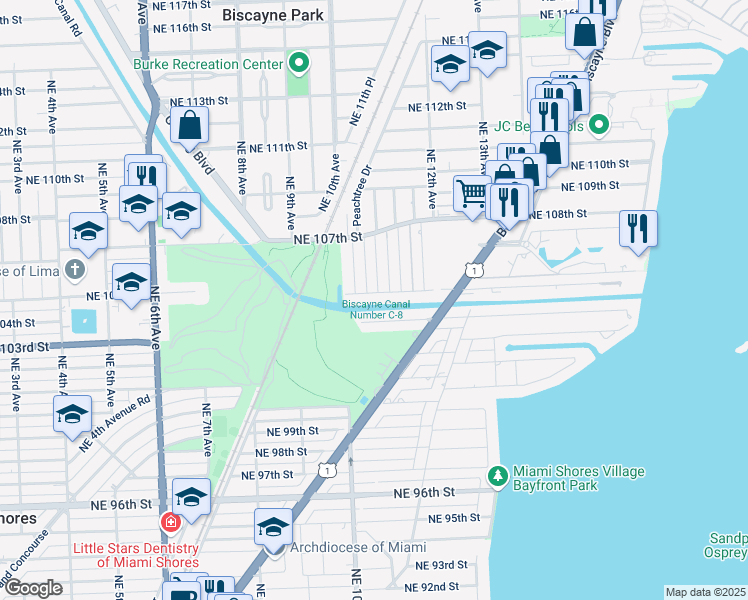 map of restaurants, bars, coffee shops, grocery stores, and more near 1050 Northeast 105th Street in Miami Shores