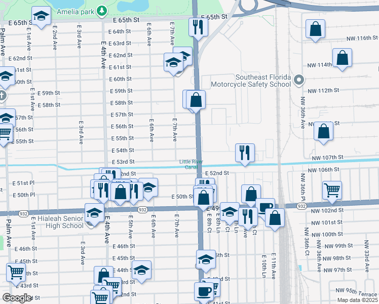 map of restaurants, bars, coffee shops, grocery stores, and more near 741 East 54th Street in Hialeah