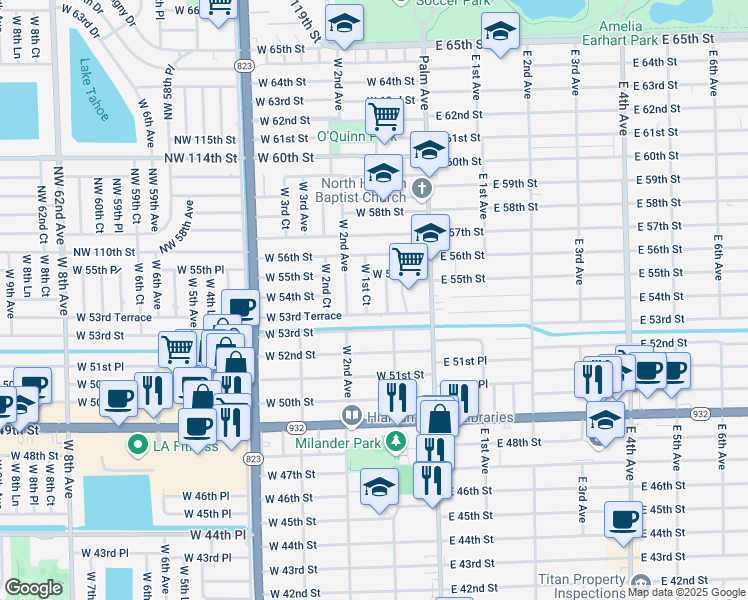 map of restaurants, bars, coffee shops, grocery stores, and more near 5451 West 1st Court in Hialeah