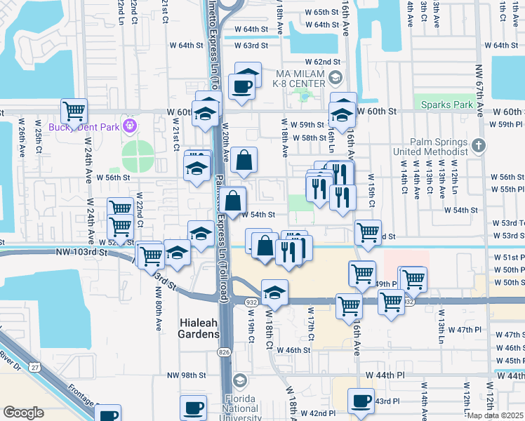 map of restaurants, bars, coffee shops, grocery stores, and more near 1945 West 54th Street in Hialeah