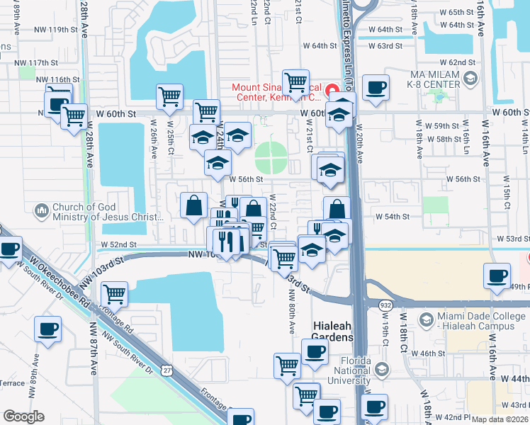 map of restaurants, bars, coffee shops, grocery stores, and more near 5401 West 22nd Court in Hialeah