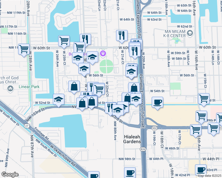 map of restaurants, bars, coffee shops, grocery stores, and more near 5299 West 22nd Court in Hialeah