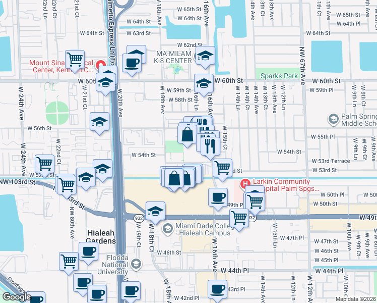 map of restaurants, bars, coffee shops, grocery stores, and more near 5360 West 16th Avenue in Hialeah