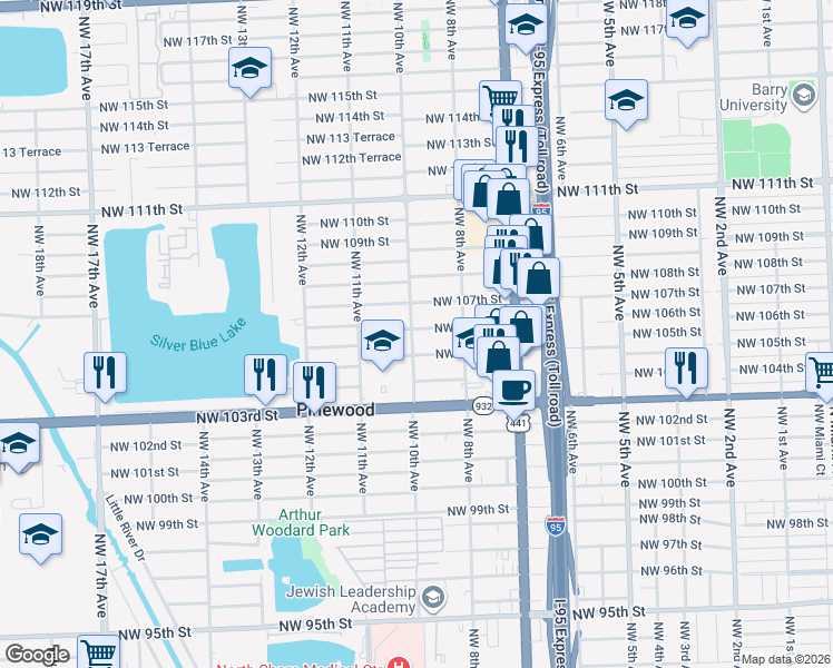 map of restaurants, bars, coffee shops, grocery stores, and more near 10625 Northwest 10th Avenue in Miami