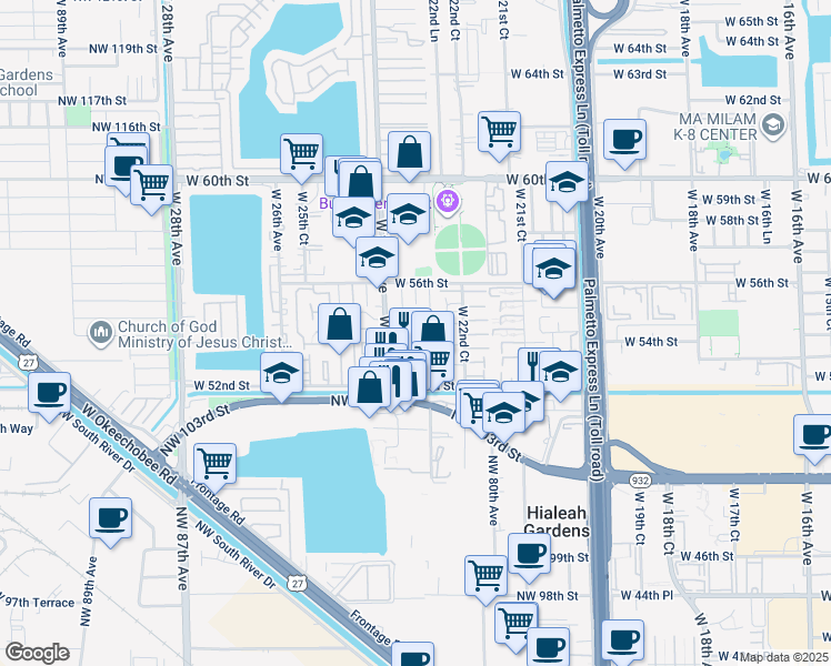 map of restaurants, bars, coffee shops, grocery stores, and more near 38 West 54th Place in Hialeah