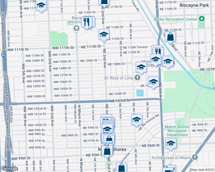 map of restaurants, bars, coffee shops, grocery stores, and more near 10501 Northeast 2nd Avenue in Miami Shores