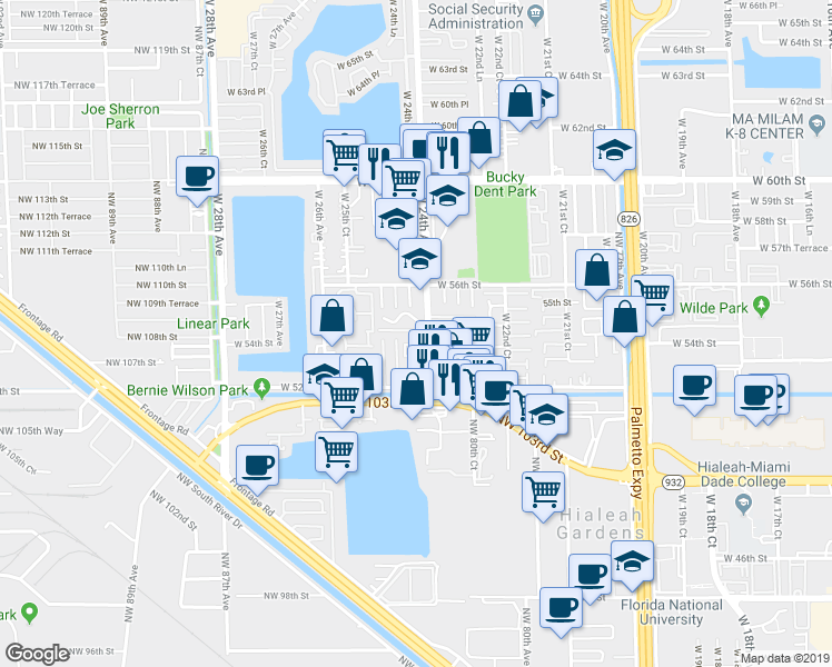 map of restaurants, bars, coffee shops, grocery stores, and more near 5451 West 24th Avenue in Hialeah