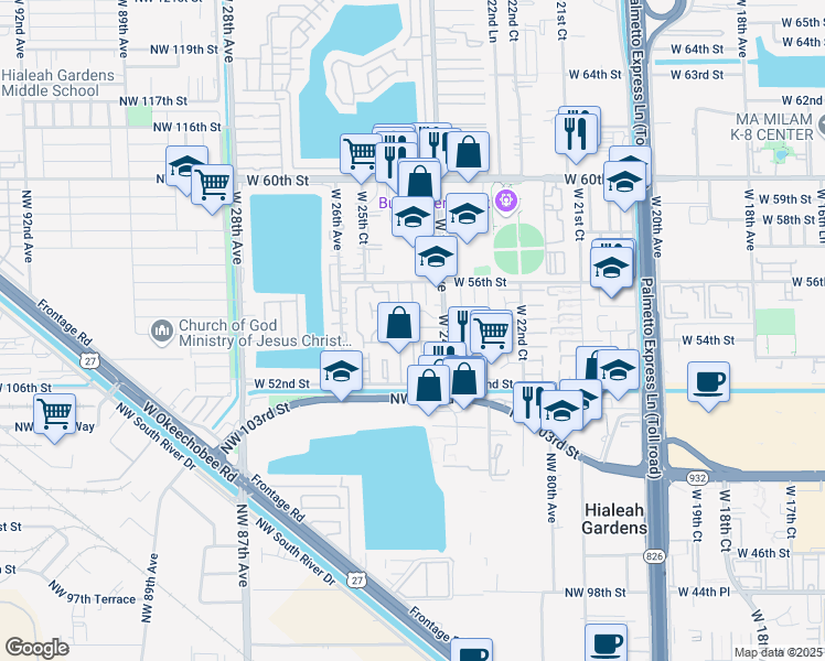 map of restaurants, bars, coffee shops, grocery stores, and more near 2461 West 54th Place in Hialeah