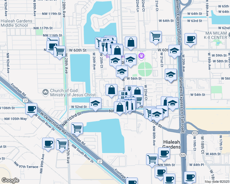 map of restaurants, bars, coffee shops, grocery stores, and more near 2461 West 54th Place in Hialeah