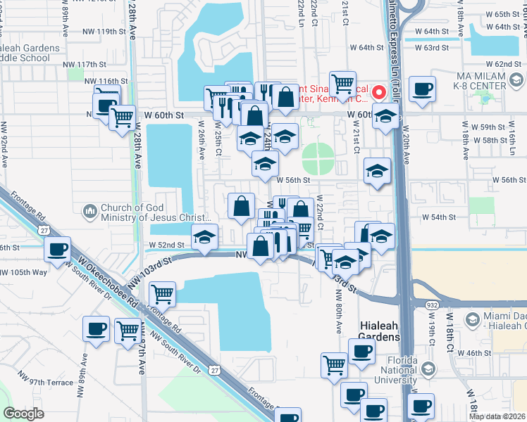 map of restaurants, bars, coffee shops, grocery stores, and more near 2412 West 54th Place in Hialeah