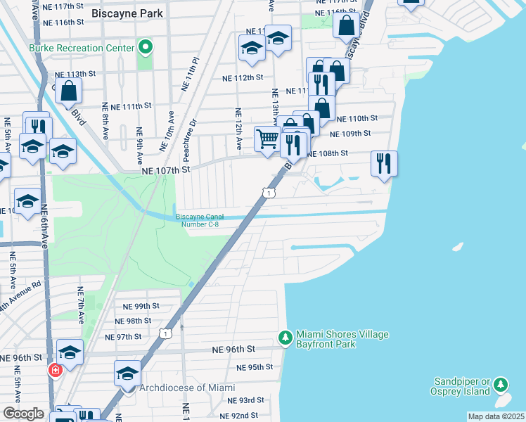 map of restaurants, bars, coffee shops, grocery stores, and more near 1200 Northeast 105th Street in Miami Shores