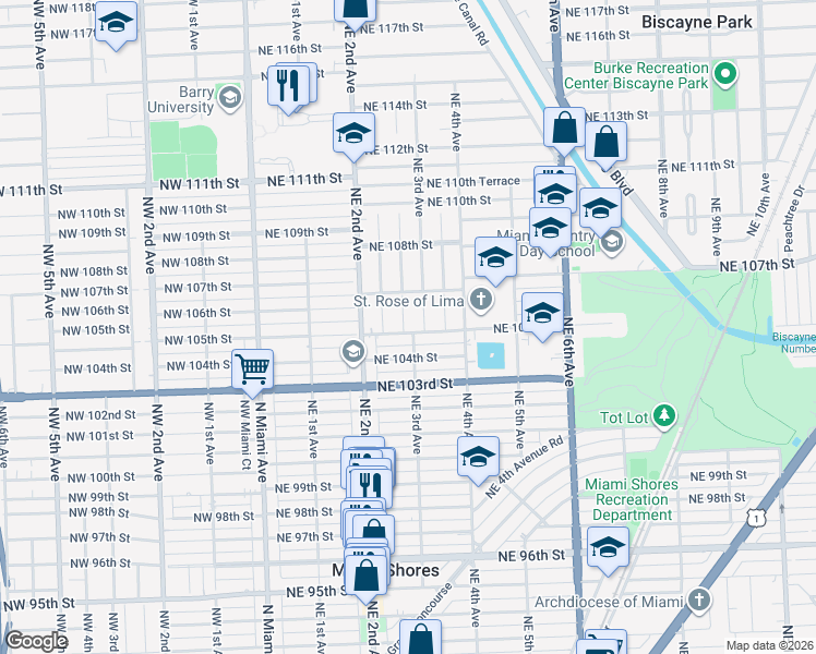 map of restaurants, bars, coffee shops, grocery stores, and more near 10518 Northeast 3rd Avenue in Miami Shores