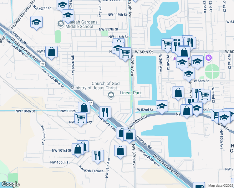 map of restaurants, bars, coffee shops, grocery stores, and more near 8809 Northwest 108th Street in Hialeah Gardens