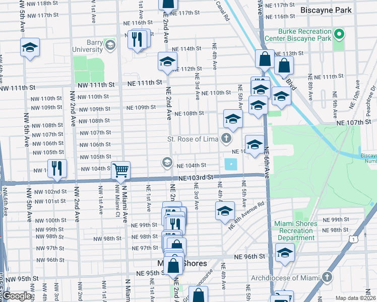map of restaurants, bars, coffee shops, grocery stores, and more near 275 Northeast 105th Street in Miami Shores