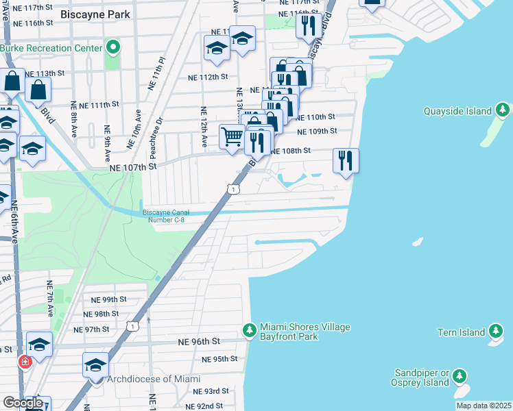 map of restaurants, bars, coffee shops, grocery stores, and more near 1319 Northeast 105th Street in Miami Shores