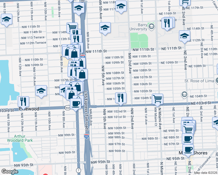 map of restaurants, bars, coffee shops, grocery stores, and more near 410 Northwest 106th Street in Miami