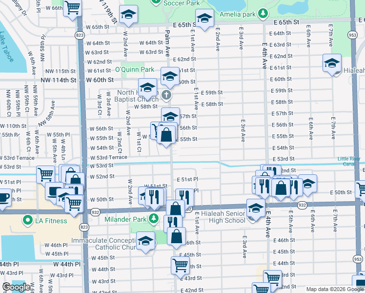 map of restaurants, bars, coffee shops, grocery stores, and more near 70 East 55th Street in Hialeah