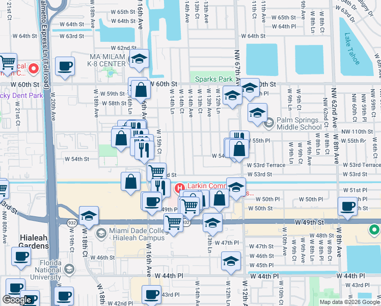 map of restaurants, bars, coffee shops, grocery stores, and more near 5430 West 14th Avenue in Hialeah