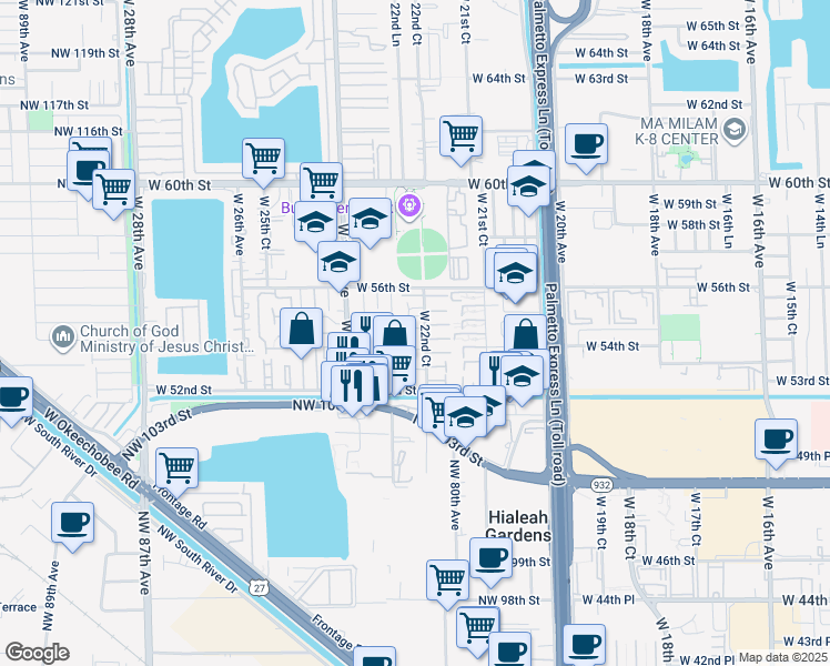 map of restaurants, bars, coffee shops, grocery stores, and more near 5401 West 22nd Court in Hialeah