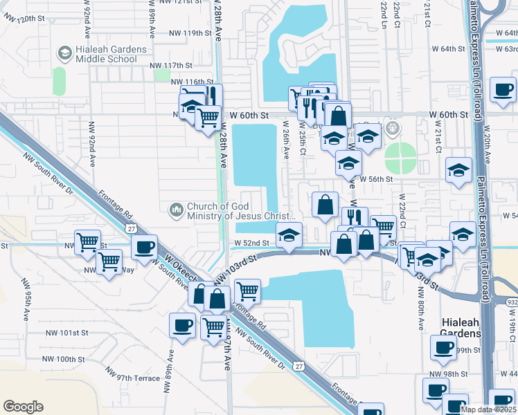 map of restaurants, bars, coffee shops, grocery stores, and more near 5462 West 27th Avenue in Hialeah