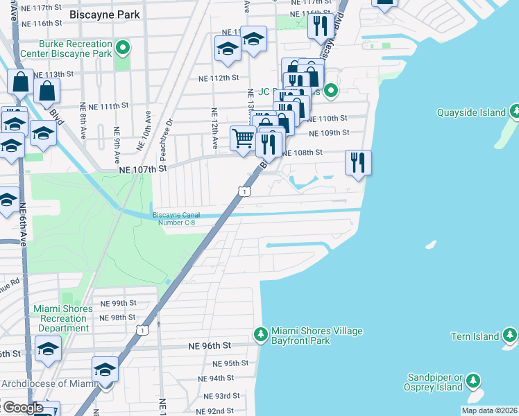 map of restaurants, bars, coffee shops, grocery stores, and more near 1296 Northeast 105th Street in Miami Shores