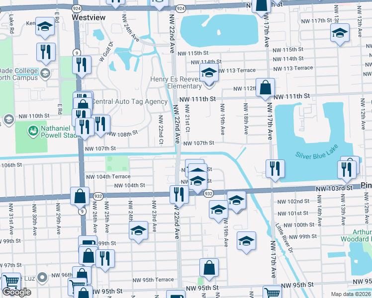 map of restaurants, bars, coffee shops, grocery stores, and more near 2160 Northwest 107th Street in Miami