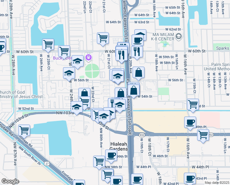 map of restaurants, bars, coffee shops, grocery stores, and more near 5437 West 21st Avenue in Hialeah
