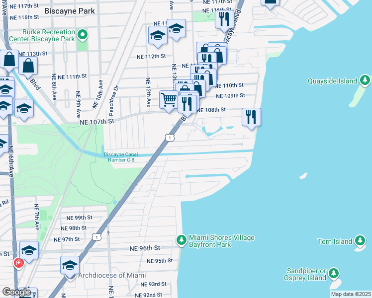 map of restaurants, bars, coffee shops, grocery stores, and more near 1319 Northeast 105th Street in Miami Shores