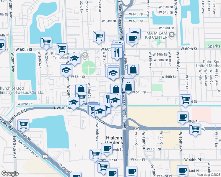 map of restaurants, bars, coffee shops, grocery stores, and more near 5437 West 21st Avenue in Hialeah