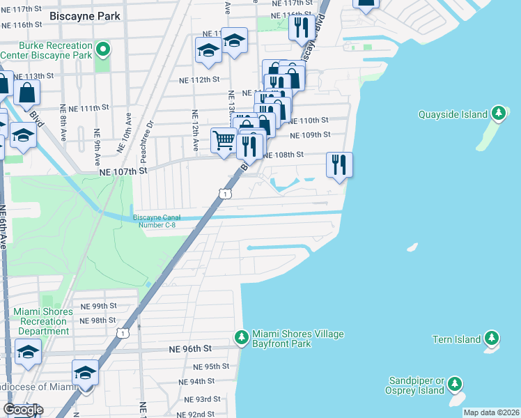 map of restaurants, bars, coffee shops, grocery stores, and more near 1319 Northeast 105th Street in Miami Shores