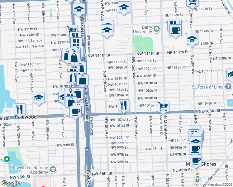 map of restaurants, bars, coffee shops, grocery stores, and more near 410 Northwest 106th Street in Miami