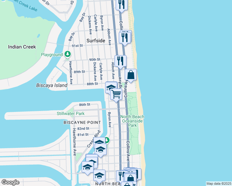map of restaurants, bars, coffee shops, grocery stores, and more near 8638 Harding Avenue in Miami Beach