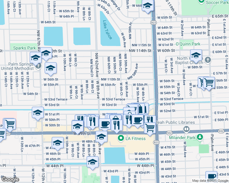 map of restaurants, bars, coffee shops, grocery stores, and more near 5430 West 6th Lane in Hialeah