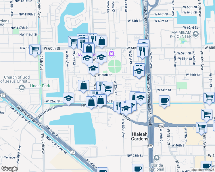 map of restaurants, bars, coffee shops, grocery stores, and more near 38 West 54th Place in Hialeah