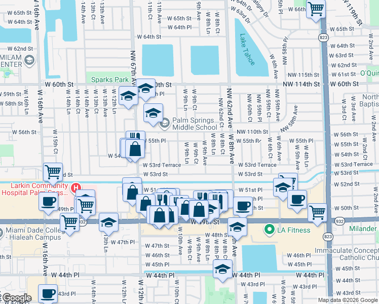 map of restaurants, bars, coffee shops, grocery stores, and more near 5431 West 9th Lane in Hialeah