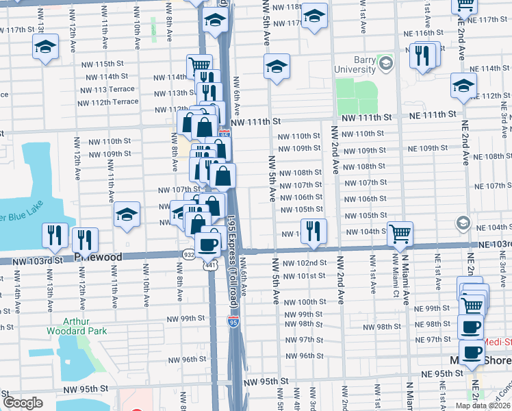 map of restaurants, bars, coffee shops, grocery stores, and more near 512 Northwest 106th Street in Miami