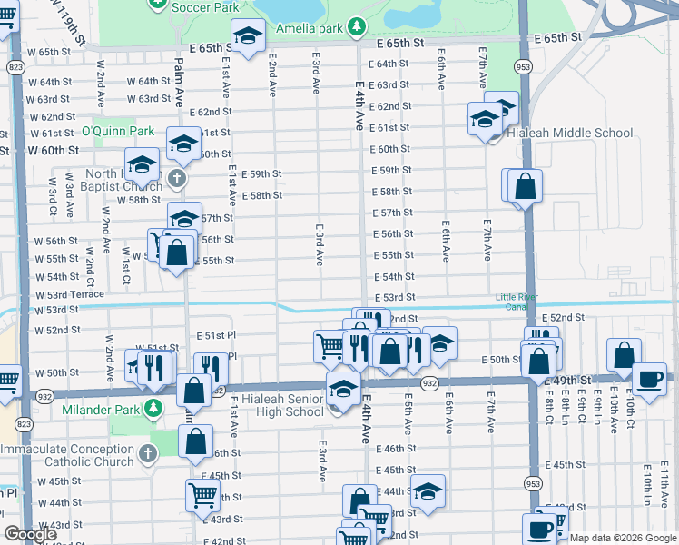 map of restaurants, bars, coffee shops, grocery stores, and more near 365 East 54th Street in Hialeah