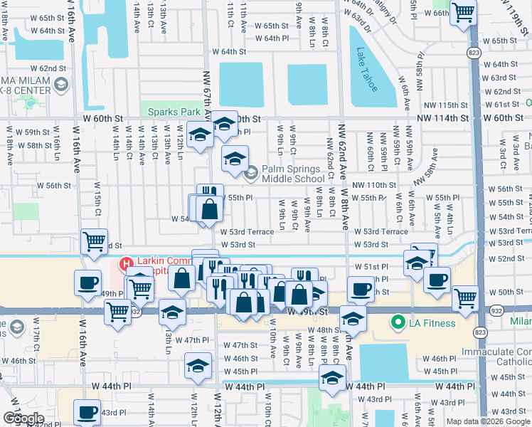 map of restaurants, bars, coffee shops, grocery stores, and more near 5431 West 10th Court in Hialeah