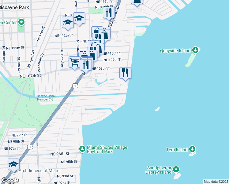 map of restaurants, bars, coffee shops, grocery stores, and more near 1634 Northeast 105th Street in Miami Shores