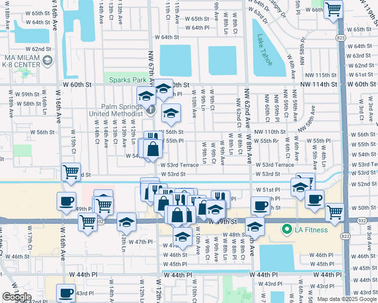 map of restaurants, bars, coffee shops, grocery stores, and more near 5431 West 10th Court in Hialeah