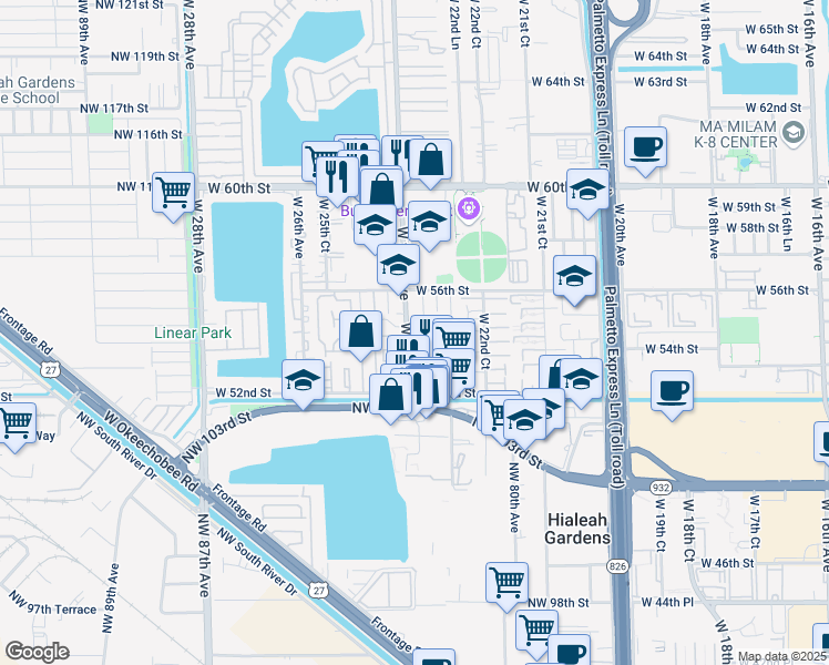 map of restaurants, bars, coffee shops, grocery stores, and more near 5451 West 24th Avenue in Hialeah