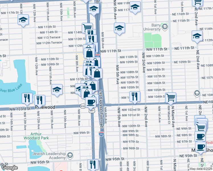 map of restaurants, bars, coffee shops, grocery stores, and more near 10544 Northwest 6th Avenue in Miami