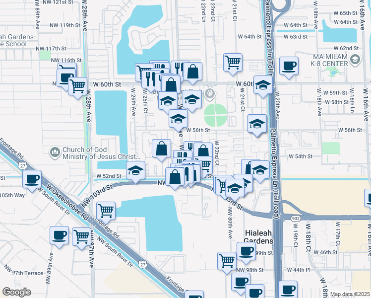 map of restaurants, bars, coffee shops, grocery stores, and more near 5451 West 24th Avenue in Hialeah