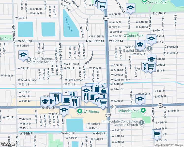 map of restaurants, bars, coffee shops, grocery stores, and more near 5430 West 5th Avenue in Hialeah