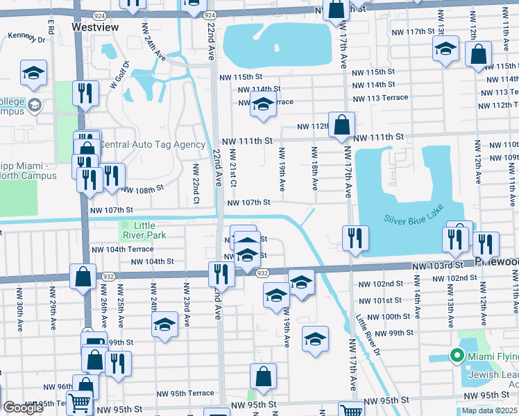 map of restaurants, bars, coffee shops, grocery stores, and more near 1970 Northwest 107th Street in Miami