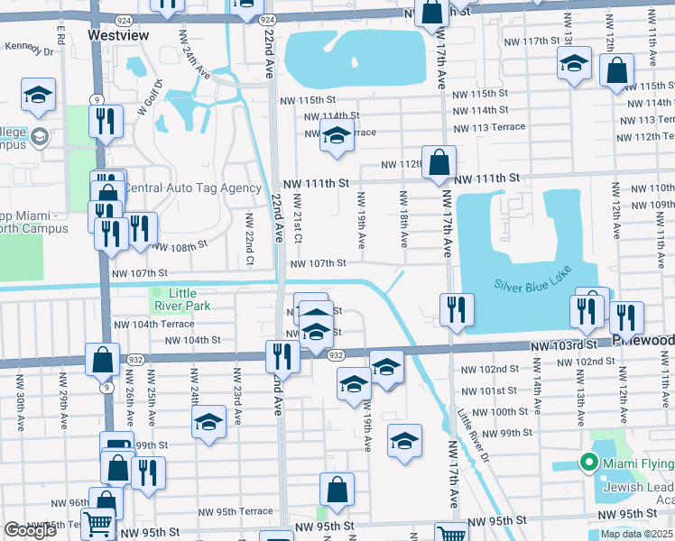 map of restaurants, bars, coffee shops, grocery stores, and more near 1970 Northwest 107th Street in Miami