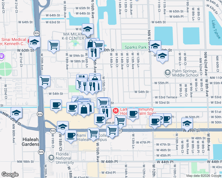 map of restaurants, bars, coffee shops, grocery stores, and more near 5430 West 14th Lane in Hialeah